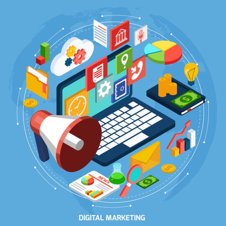Isometric illustration of a laptop with digital marketing symbols