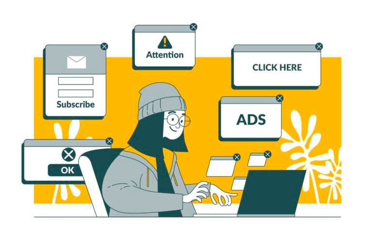 Illustration of a marketer at a laptop surrounded by online ad pop-ups