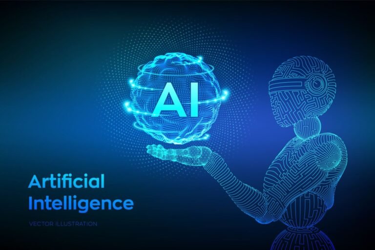 Wireframe robot hand representing artificial intelligence in marketing