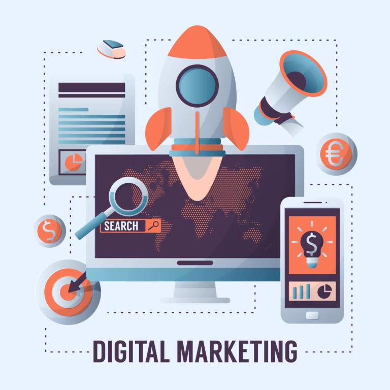 Digital marketing icons arranged around a laptop workspace