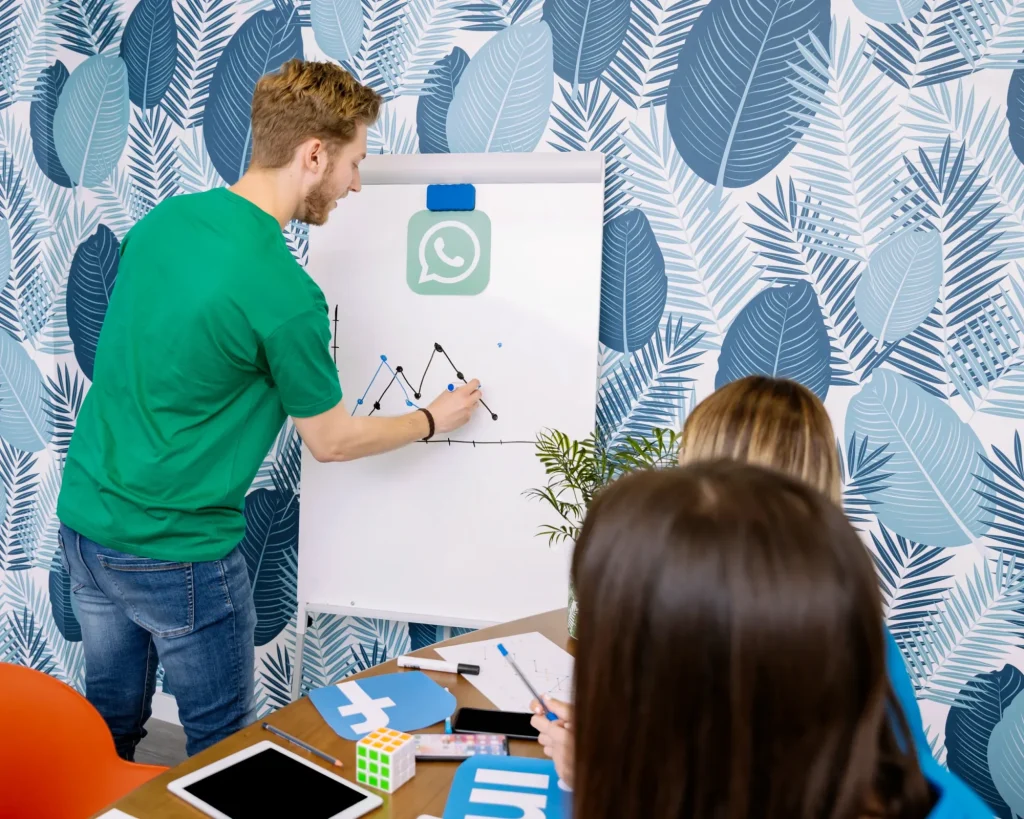Trainer explaining a marketing growth chart on a flipchart to two students